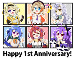  6+girls :d ahoge akane_canna akane_canna_(1st_costume) anniversary antenna_hair armor bangle beret between_breasts black_dress black_hairband black_ribbon blonde_hair blue_bow blue_bowtie blue_eyes blue_hair bow bowtie bracelet braid braided_bun breasts brown_gloves butterfly_hair_ornament button_gap cleavage closed_eyes coat collar collared_shirt commentary_request cone_hair_bun cowlick crossed_bangs detached_collar detached_sleeves dress fingerless_gloves flower frilled_sleeves frills gloves green_eyes green_hair grey_hair grey_necktie hair_bun hair_flower hair_intakes hair_ornament hair_ribbon hair_tubes hairband hat hat_feather high_ponytail hiyoku_no_crosspiece ieiri_popo ieiri_popo_(1st_costume) jacket jacket_partially_removed jewelry kohaku_yuri kohaku_yuri_(1st_costume) large_breasts light_brown_hair long_hair long_sleeves looking_at_viewer medium_bangs messy_hair mole mole_under_eye multicolored_hair multicolored_sleeves multiple_girls muneate nanashi_inc. necktie necktie_between_breasts oerba_yun_fang open_clothes open_jacket open_mouth orange_bow orange_bowtie orange_hair orange_jacket pauldrons pink_eyes plaid plaid_headwear plaid_jacket purple_bow purple_eyes purple_hair purple_jacket purple_necktie purple_sleeves red_eyes red_hair red_jacket ribbon scarf senba_chidori shirt shisui_kiki shisui_kiki_(1st_costume) short_hair short_hair_with_long_locks short_sleeves shoulder_armor sidelocks single_pauldron sleeve_bow sleeveless sleeveless_shirt sleeves_past_fingers sleeves_past_wrists small_breasts smile strapless strapless_dress streaked_hair striped_clothes striped_shirt suzumi_nemo suzumi_nemo_(1st_costume) touri_sei touri_sei_(1st_costume) two-sided_fabric two-sided_jacket two-tone_hair two_side_up underbust upper_body vertical-striped_clothes vertical-striped_shirt very_long_hair virtual_youtuber white_collar white_dress white_shirt white_sleeves wing_hair_ornament yellow_coat yellow_eyes yellow_flower yellow_scarf 