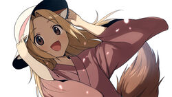  1boy :d adjusting_clothes adjusting_headwear blush brown_eyes brown_kimono commentary dutch_angle fox_boy fox_tail glowing hat highres japanese_clothes kimono kogitsune_(natsume_yuujinchou) light_brown_hair long_hair looking_at_viewer male_focus natsume_yuujinchou open_mouth otoko_no_ko petals sayshownen simple_background smile solo sun_hat tail twitter_username upper_body watermark white_background white_headwear 