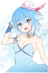  :3 bare_shoulders blue_dress blue_eyes blue_hair breasts cleavage collarbone commentary dress female haiyi hand_in_own_hair hand_up jellyfish_hair_ornament jewelry looking_at_viewer medium_breasts medium_hair minahoshi_taichi necklace oerba_yun_fang open_mouth skin_fang smile solid_oval_eyes solo strapless strapless_dress synthesizer_v upper_body wristband 