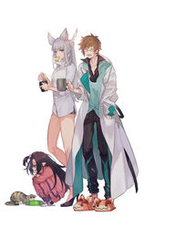  1boy 2girls a082 animal_ears animal_slippers black_hair bottomless brown_hair coffee_mug commentary_request cup doctor_(granblue_fantasy) erune feather_hair_ornament feathers feline glasses gran_(granblue_fantasy) granblue_fantasy grey_hair hair_ornament hand_in_pocket harvin korwa lab_coat lunalu_(granblue_fantasy) mug multiple_girls pointy_ears ponytail slippers squatting track_suit white_background young_cat_(granblue_fantasy) 