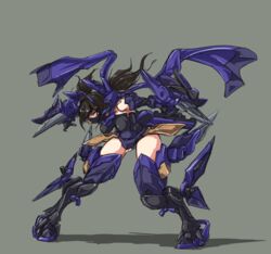  alternate_color armor asura_ninja asura_ninja_shadow black_mask botda breasts commentary_request dagger female full_body highres horns jamadhar knife large_breasts long_hair mask megami_device mouth_mask ninja ninja_mask purple_scarf scarf sidelocks solo twintails weapon 