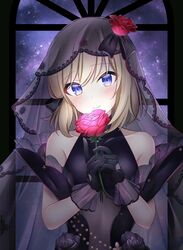  absurdres azur_lane bare_shoulders black_dress black_gloves blonde_hair blue_eyes blush bridal_veil commentary_request dress female flower gloves highres jyu-so looking_at_viewer official_alternate_costume rose short_hair sleeveless smile solo veil wedding_dress z23_(azur_lane) z23_(schwarze_hochzeit)_(azur_lane) 