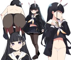  absurdres ass azur_lane back black_cardigan black_hair black_panties black_serafuku black_skirt blunt_bangs brown_pantyhose cardigan clothes_pull collarbone commentary_request crop_top crop_top_overhang disgust female gradient groin hair_ornament hand_in_own_hair highres horns kandori long_hair looking_at_viewer looking_away looking_to_the_side midriff midriff_peek miniskirt multiple_views nape navel neckerchief no_pants noshiro_(azur_lane) oni_horns open_cardigan open_clothes panties panties_under_pantyhose pantyhose pleated_skirt pulling_own_clothes purple_eyes sailor_collar school_uniform serafuku shoulder_blades skirt skirt_pull stomach straight_hair sweatdrop topless underwear undressing very_long_hair white_background white_panties x_hair_ornament 