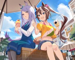  2girls animal_ears anthro blue_eyes blush bow brown_hair building city clouds dress drink food ikomochi long_hair mejiro_mcqueen navel pantyhose ponytail purple_eyes purple_hair ribbons shirt shorts signed sky tokai_teio uma_musume:_pretty_derby umbrella 