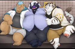  96panda anthro belly black_body black_fur blue_hair brown_body brown_fur felid fur ganglie_(tas) group hair hi_res licho_(tas) lifewonders male male/male mammal overweight overweight_male pantherine pawpads snoboar_(character) suid suina sus_(pig) tiger tokyo_afterschool_summoners trio tusks white_body white_fur white_hair wild_boar 