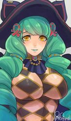  argyle_cutout black_gloves breasts closed_mouth clothing_cutout drill_hair female fiore_brunelli gloves green_hair hair_ornament hat long_hair looking_at_viewer makeup payu_(pyms11) revealing_clothes simple_background smile solo star_ocean star_ocean_integrity_and_faithlessness twin_drills witch_hat yellow_eyes 