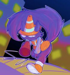  anthro big_tail bottomless clothed clothing female footwear fur headgear headwear hi_res lizardfungus purple_body purple_fur shoes solo tail traffic_cone unknown_species vlc 