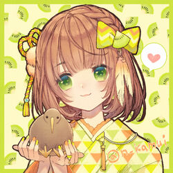  :3 animal bad_id bad_pixiv_id bird bob_cut border bow braid brown_hair crown_braid earrings feather_hair_ornament feathers female food fruit green_background green_border green_eyes green_nails hair_ornament hairbow heart holding holding_animal holding_bird japanese_clothes jewelry kamui_natsuki kimono kiwi_(bird) kiwi_(fruit) looking_at_animal multicolored_nails orange_nails original print_kimono ring short_hair smile solo speech_bubble spoken_heart twitter_username 