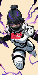  absurdres animification apex_legends black_hair blue_eyes breasts brown_background charging_forward collarbone electricity female hair_bun highres holding holding_knife hope&#039;s_dusk_(apex_legends) knife kunai mask medium_breasts mouth_mask official_alternate_costume peter_chai quarantine_722_wraith single_hair_bun solo thigh_strap weapon wraith_(apex_legends) 