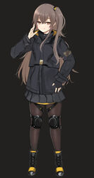  arm_up black_background black_footwear black_gloves black_jacket black_pantyhose black_skirt boots brown_eyes brown_hair closed_mouth female fingerless_gloves full_body girls&#039;_frontline gloves highres jacket koenza_botoke long_hair looking_at_viewer official_alternate_costume one_side_up pantyhose pleated_skirt shell_jacket skirt smile solo standing ump45_(girls&#039;_frontline) ump45_(winter_journey)_(girls&#039;_frontline) 