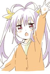  antenna_hair arm_up blush_stickers chestnut_mouth commentary cropped_torso female hair_ribbon highres lolicon long_hair long_sleeves looking_at_viewer miyauchi_renge namori non_non_biyori nyanpassu~ open_mouth outstretched_arm purple_hair red_eyes ribbon simple_background solo symbol-only_commentary twintails upper_body white_background yellow_ribbon 