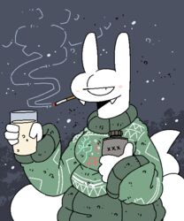  1_eye 5:6 alcohol ambiguous_species beer beverage blush cigarette clothed clothing cute_fangs digital_media_(artwork) eggnog male not_furry sailewder simple_background smoking solo sweater topwear 