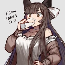  animal_ears artist_name atelier_live bad_id bad_twitter_id breasts brown_eyes brown_hair chai_(vtuber) chocojax cleavage cup drinking english_commentary female fox_ears fox_girl hand_on_own_hip highres holding holding_cup leaning_back long_hair looking_down medium_breasts milk milk_mustache second-party_source solo virtual_youtuber 