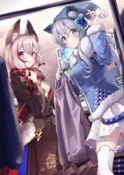  2girls absurdres animal_ear_fluff animal_ears bat_ears bat_hair_ornament beanie black_skirt blue_eyes blue_headwear blue_jacket blue_nails blush bodice breasts camelia_(echocalypse) cat_ears cleavage_cutout closed_mouth clothing_cutout commentary echocalypse english_commentary fingernails flower fur-trimmed_jacket fur-trimmed_sleeves fur_trim gold_trim grey_hair hair_between_eyes hair_flower hair_ornament hands_up hat highres holding_sweater indoors jacket long_hair long_sleeves looking_at_viewer medium_breasts medium_hair messiah_&amp;_crea mixed-language_commentary multicolored_hair multiple_girls nail_polish parted_lips parvati_(echocalypse) pink_hair plaid plaid_scarf pleated_skirt red_hair red_scarf scarf shrug_(clothing) skirt streaked_hair thighhighs white_skirt white_thighhighs 