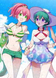  2girls :d :o akatsuki_no_kiseki bikini bikini_under_clothes blue_one-piece_swimsuit blue_sky blush bracelet breasts carrying carrying_under_arm cleavage cloud cloudy_sky commentary criss-cross_halter cropped_jacket day denim denim_shorts eiyuu_densetsu eyebrows_hidden_by_hair feet_out_of_frame floral_print gradient_clothes gradient_swimsuit green_bikini green_hair green_shorts groin hair_between_eyes hair_ornament hairclip halterneck hat highres holding holding_hands holding_swim_ring innertube interlocked_fingers jacket jewelry juna_crawford light_particles looking_at_another medium_breasts medium_hair multicolored_bikini multicolored_clothes multiple_girls musse_egret nail_polish navel necklace off_shoulder official_alternate_costume one-piece_swimsuit open_clothes open_jacket open_mouth orange_nails outdoors pink_hair ponytail print_innertube purple_eyes sano_(merrymerry) scrunchie sen_no_kiseki short_hair short_shorts shorts sky smile standing stomach striped_bikini striped_clothes sun_hat sunlight swim_ring swimsuit thighs torn_clothes torn_shorts unzipped white_headwear white_jacket white_one-piece_swimsuit zipper_pull_tab 