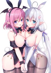  2girls :d :o animal_ears bare_shoulders black_bow black_hairband black_leotard black_sleeves blue_eyes blush bow breast_press breasts brown_pantyhose brown_thighhighs cleavage commentary commission detached_sleeves elbow_gloves fake_animal_ears fishnet_thighhighs fishnets ginny_fin_de_salvan gloves grey_hair hair_between_eyes hairband highres holding_hands ireena_litz_de_olhyde large_breasts leotard long_hair looking_at_viewer low_twintails multiple_girls pantyhose parted_lips pink_hair pixiv_commission playboy_bunny pointy_ears puffy_short_sleeves puffy_sleeves purple_eyes rabbit_ears rabbit_tail sacraneco shijou_saikyou_no_daimaou_murabito_a_ni_tensei_suru short_sleeves simple_background smile strapless strapless_leotard symbol-only_commentary symmetrical_docking tail thighband_pantyhose thighhighs twintails very_long_hair white_background white_gloves white_hairband white_leotard wrist_cuffs 