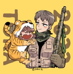  2022 2girls aged_down akutsu_(demodori) alisa_(girls_und_panzer) animal_costume animal_print bandana brown_gloves brown_jacket camouflage chinese_zodiac closed_eyes closed_mouth commentary cropped_torso earrings fangs frown girls_und_panzer gloves green_bandana gun hair_ornament half-closed_eyes holding holding_gun holding_person holding_weapon jacket jewelry long_sleeves looking_at_another low_twintails multiple_girls naomi_(girls_und_panzer) new_year open_mouth romaji_text short_hair shotgun smile star_(symbol) star_hair_ornament stud_earrings tactical_clothes text_background tiger_costume tiger_print translated twintails twitter_username very_short_hair weapon year_of_the_tiger yellow_background 