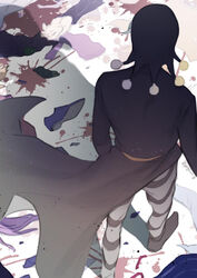  2boys 723_(tobi) back black_coat black_footwear black_headwear blood blood_splatter coat full_body grey_hair highres jojo_no_kimyou_na_bouken long_sleeves multiple_boys pants pink_footwear risotto_nero shadow shoes standing vento_aureo vinegar_doppio white_pants 