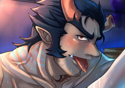  1boy absurdres bara beard blue_hair blush broken_horn close-up collarbone completely_nude dark_blue_hair demon_boy demon_horns facial_hair fiery_horns forked_eyebrows highres horns kageru_(mofnyan) long_sideburns looking_at_viewer male_focus mature_male muscular muscular_male nude oerba_yun_fang pointy_ears portrait red_eyes saliva sexually_suggestive short_hair sideburns smug solo stubble takemaru_(housamo) thick_eyebrows tokyo_afterschool_summoners tongue tongue_out 