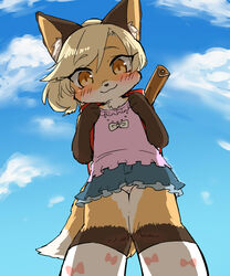  :3 animal_ear_fluff animal_ears animal_hands animal_nose artist_name blonde_hair blue_sky blush bow brown_eyes brown_fur character_request closed_mouth cloud commentary_request copyright_request day female fox_ears fox_girl fox_tail from_below furry furry_female highres kinokoningen kneehighs light_brown_hair looking_at_viewer looking_down outdoors panties pantyshot pink_shirt pleated_skirt print_socks shirt short_hair signature skirt sky sleeveless sleeveless_shirt smile socks solo standing tail twitter_username underwear upskirt white_bow white_panties 