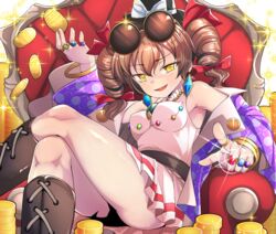  :d armpits ass bare_shoulders boots breasts brown_hair chair coat coin crossed_legs drill_hair feet_out_of_frame female glint hat highres jewelry long_hair medium_breasts necklace off_shoulder open_mouth pechimaru pointing pointing_at_viewer purple_coat ring sitting smile solo sparkle sunglasses thighs top_hat touhou twin_drills twintails yellow_eyes yorigami_jo&#039;on 