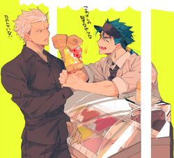  2boys annoyed apron archer_(fate) awning blue_hair casual commentary_request cu_chulainn_(fate) cu_chulainn_(fate/stay_night) dress_shirt fate/hollow_ataraxia fate_(series) gelato_(food) holding_another&#039;s_wrist ice_cream_cone ice_cream_stand long_hair male_focus multiple_boys oerba_yun_fang ponytail shirt sweatdrop tatsuta_age visor_cap 