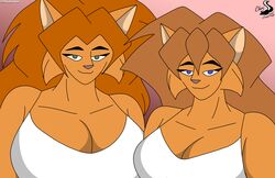  anthro breasts chrisandcompany cleavage clothed clothing daryl_vecat domestic_cat duo felid feline felis female mammal neve_vecat smile 