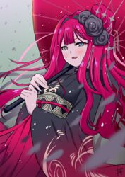  baobhan_sith_(dream_portrait)_(fate) baobhan_sith_(fate) blue_eyes blush chinese_clothes commentary_request fate/grand_order fate_(series) female guriguri_(arayotto4351) hanfu holding holding_umbrella looking_at_viewer pale_skin pink_hair pointy_ears slit_pupils solo umbrella 