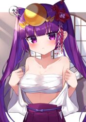  blunt_bangs blush bow breasts chest_sarashi closed_mouth female flower hair_flower hair_ornament headpiece highres long_hair looking_at_viewer pleated_skirt purple_eyes purple_hair puzzle_&amp;_dragons sarashi skirt twintails waon_(43ctw) window yomi_(p&amp;d) 