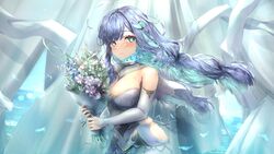  blue_fire blue_flower blue_hair bouquet breasts cleavage curtains detached_sleeves disembodied_head dress female fire floating_hair flower hai_0013 highres hip_vent holding holding_bouquet horns large_breasts lens_flare long_hair ocean pink_flower prism_project rikudou_yura scarf solo virtual_youtuber white_dress white_scarf 