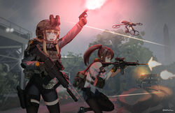  2girls arm_up assault_rifle binoculars black_footwear black_gloves black_legwear black_shorts blonde_hair blue_eyes brown_hair commentary commission cz_805_bren drone ear_protection english_commentary finger_on_trigger firing flare flare_gun gloves grey_jacket gun hair_between_eyes handgun headset helmet high_ponytail highres holding holding_gun holding_weapon indie_virtual_youtuber jacket long_hair looking_away m4_carbine multiple_girls ndtwofives open_mouth original pantyhose pantyhose_under_shorts ponytail profile railing rain rifle shirt shoes short_shorts short_sleeves shorts standing standing_on_one_leg teeth thighhighs tom_clancy&#039;s_the_division tom_clancy&#039;s_the_division_2 trigger_discipline twitter_username upper_teeth_only virtual_youtuber vivian_zhao weapon wet wet_clothes wet_shirt whiskey_project white_shirt 