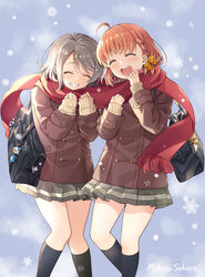  2girls ahoge artist_name bag beige_sweater black_legwear blue_background bow braid brown_coat buttons closed_mouth coat commentary_request cover_image double-breasted feet_out_of_frame grey_hair grey_skirt hairbow hands_up highres kneehighs laughing long_sleeves love_live! love_live!_sunshine!! multiple_girls open_mouth orange_hair pleated_skirt red_scarf sakurai_makoto_(custom_size) scarf school_bag school_uniform shared_clothes shared_scarf short_hair shoulder_bag side_braid skirt smile snowflakes snowing socks takami_chika teeth upper_teeth_only watanabe_you yellow_bow yuri 