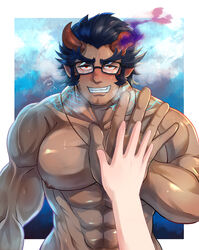  1boy abs absurdres bara beard black-framed_eyewear blue_hair blush broken_horn completely_nude dark-skinned_male dark_blue_hair dark_skin demon_boy demon_horns facial_hair fiery_horns glasses hand_size_difference hand_to_hand highres horns kageru_(mofnyan) large_pectorals long_sideburns male_focus mature_male muscular muscular_male naughty_face nipples nude oerba_yun_fang palms_together pectorals pov sexually_suggestive short_hair sideburns size_difference smile solo_focus stomach stubble sweat takemaru_(housamo) thick_eyebrows tokyo_afterschool_summoners upper_body 