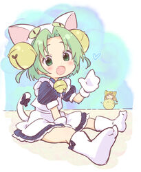  2girls :d animal_ears animal_hat apron bell blue_bow blue_dress blush boots bow brown_hair cat_ears cat_hat cat_tail collared_dress dejiko di_gi_charat dress fake_animal_ears gema gloves green_eyes green_hair hair_bell hair_ornament hand_up hat heart jigatei_(omijin) jingle_bell knee_boots looking_at_viewer maid_apron multiple_girls oerba_yun_fang open_mouth parted_bangs puchiko puffy_short_sleeves puffy_sleeves shoe_soles short_sleeves sitting smile solo_focus tail tail_bow tail_ornament translation_request white_apron white_footwear white_gloves white_headwear 