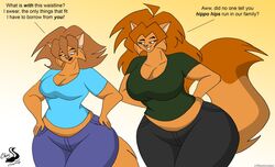  breasts chrisandcompany cleavage clothed clothing daryl_vecat dialogue domestic_cat duo english_text felid feline felis female gradient_background mammal neve_vecat simple_background text 