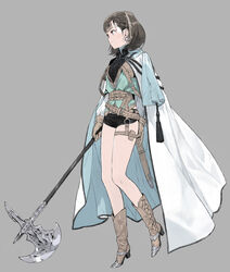  absurdres axe belt black_shirt black_shorts blouse braid brown_eyes brown_footwear brown_hair cape earrings female gloves highres hirooka_masaki holding holding_weapon jewelry multicolored_hair original shirt short_hair shorts simple_background solo streaked_hair weapon white_cape 