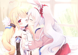  2girls ;o ahoge animal_ears azur_lane bare_shoulders bed_sheet blonde_hair blush breasts closed_eyes closed_mouth commentary commission curtains detached_sleeves dress eldridge_(azur_lane) english_commentary facial_mark hair_ornament hairband heart heart_ahoge indoors jacket kissing kissing_cheek laffey_(azur_lane) long_hair long_sleeves multiple_girls off_shoulder one_eye_closed open_clothes open_jacket pantyhose parted_lips pink_jacket pleated_skirt profile puffy_long_sleeves puffy_sleeves rabbit_ears red_hairband red_skirt renew_vivi skirt sleeveless sleeveless_dress sleeves_past_wrists small_breasts soles strap_slip thighhighs twintails very_long_hair white_dress white_hair white_sleeves white_thighhighs window yuri 