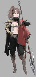  absurdres armor belt bikini_armor black_pants brown_eyes brown_footwear brown_hair cape chainmail female fur_trim gauntlets hand_on_own_hip headband highres hirooka_masaki holding holding_weapon long_hair midriff navel original pants pauldrons polearm ponytail rope shoulder_armor simple_background solo spear weapon 