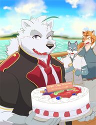  2022 anthro bear birthday_cake bottomwear cake canid canine canis clothing dessert domestic_dog felid food group hi_res inugamihito kemono knights_college male mammal necktie outside pantherine pants paul_pfitzner polar_bear shirt tiger topwear ursine 