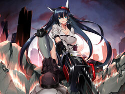  :d animal_ears arknights black_footwear black_gloves black_hair blaze_(arknights) blue_eyes boots breasts cat_ears chainsaw chest_belt cleavage commentary female gloves grey_thighhighs hair_between_eyes hairband highres holding holding_chainsaw holding_weapon jacket knee_pads large_breasts long_hair looking_at_viewer open_mouth red_hairband smile solo thighhighs v-shaped_eyebrows very_long_hair weapon white_jacket yan_lie 