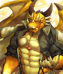  1boy :q abs bara bare_pectorals broken_fang chest_jewel dragon_boy dragon_horns dragon_wings egg furry furry_male goshiki highres horns jacket jacket_on_shoulders jewelry large_pectorals looking_at_viewer male_focus monster_boy muscular muscular_male navel necklace no_nipples ophion_(housamo) pectorals scales short_hair sleeves_rolled_up solo stomach suspenders tokyo_afterschool_summoners tongue tongue_out upper_body wings 