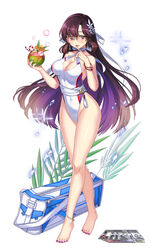  bag bangle bare_shoulders barefoot black_hair bracelet breasts chojo:_crypto_girls_arena choker cleavage coconut collarbone covered_navel criss-cross_halter crossed_legs drinking_straw duffel_bag female fruit_cup full_body gradient_hair groin hair_ornament halterneck hands_up highleg highleg_swimsuit highres holding jewelry kyjsogom large_breasts long_hair looking_at_viewer multicolored_hair multiple_rings nail_polish official_art one-piece_swimsuit plant purple_eyes ribbon_choker ring simple_background smile solo standing sunglasses swimsuit thighs toenail_polish toenails tongue tongue_out two-tone_hair very_long_hair watson_cross white_background white_choker white_one-piece_swimsuit 