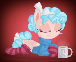  2020 closed_eyes clothed clothed_feral clothing container cozy_glow_(mlp) cup digital_media_(artwork) equid equine eyelashes feathered_wings feathers female feral friendship_is_magic hasbro hi_res legwear mammal my_little_pony mythological_creature mythological_equine mythology pattern_clothing pattern_legwear pegasus smile solo striped_clothing striped_legwear stripes vito wings 