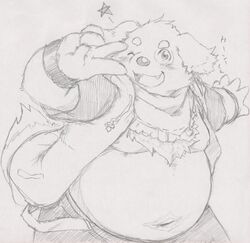  anthro belly bird_dog blush canid canine canis clothed clothing cu_sith_(tas) domestic_dog gesture golden_retriever graphite_(artwork) hand_gesture hunting_dog lifewonders male mammal moobs navel nipples one_eye_closed pencil_(artwork) retriever scarf slightly_chubby solo star tabasukotrr tokyo_afterschool_summoners topless traditional_media_(artwork) v_sign wink 