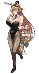  absurdres animal_ears bare_shoulders between_breasts black_footwear black_leotard black_pantyhose blonde_hair breasts card character_name collar commentary_request detached_collar fake_animal_ears female full_body girls&#039;_frontline green_eyes green_necktie hair_between_eyes high_heels highres holding holding_card kojima_(blue_stardust) large_breasts leg_up leotard long_hair low-tied_long_hair m1918_(bunny_girl)_(girls&#039;_frontline) m1918_(girls&#039;_frontline) necktie official_alternate_costume open_mouth pantyhose playboy_bunny playing_card rabbit_ears revision standing strapless strapless_leotard very_long_hair white_background wrist_cuffs 