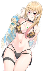  absurdres adjusting_hair arm_behind_back ass_visible_through_thighs bare_shoulders bikini black_bikini blonde_hair blush breasts choker cleavage closed_mouth commentary contrapposto cowboy_shot dutch_angle ear_piercing earrings female floral_print gradient_hair gyaru hair_between_eyes hair_over_shoulder halterneck highres jewelry kitagawa_marin large_breasts long_hair looking_at_viewer lowleg lowleg_bikini multicolored_hair navel necklace o-ring o-ring_bikini open_clothes open_shirt piercing pink_eyes print_bikini shirt side-tie_bikini_bottom sidelocks simple_background smile solo sono_bisque_doll_wa_koi_wo_suru string_bikini striped_clothes striped_shirt swimsuit thigh_gap thigh_strap tsurime undressing white_background wide_hips xin_(zinc) 