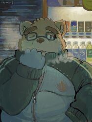  2020 3:4 absurd_res anthro bear brown_body brown_fur buta5kawa clothing detailed_background eyewear fur glasses gloves handwear hi_res humanoid_hands kemono lifewonders male mammal outside overweight overweight_anthro overweight_male solo sweater tokyo_afterschool_summoners topwear volos_(tas) 