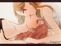  2girls artist_name breasts brown_hair cleavage closed_eyes commentary_request holding_hands hoshizora_no_shita imminent_kiss kissing letterboxed long_hair lying multiple_girls on_back on_stomach original parted_lips red_hair signature smile strap_slip upside-down_kiss yuri 