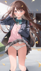  black_jacket blazer blue_bow blurry blurry_background blush bow bow_panties braid brown_hair cardigan clothes_lift collared_shirt commentary depth_of_field dress_shirt female grey_hair grey_skirt hair_between_eyes hair_ornament hair_ribbon hairclip highres jacket kneehighs kurasawa_moko long_hair long_sleeves looking_at_viewer open_clothes open_jacket open_mouth original panties pantyshot pink_cardigan plaid plaid_skirt red_ribbon ribbon school_uniform shirt shirttail skirt skirt_lift sleeves_past_wrists socks solo sweat underwear upskirt very_long_hair wavy_mouth white_panties white_shirt wind wind_lift 