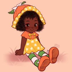  afro arm_support black_eyes black_hair blush bonnet bow button_nose cake capelet clenched_hands curly_hair dark-skinned_female dark_skin doll dress female flower_hat food green_legwear lolicon orange_blossom_(sbsc) orange_blossoms orange_capelet orange_footwear orange_headwear pantyhose ribbon shoe_soles shoes short_hair sitting smile solo strawbanna strawberry_shortcake strawberry_shortcake_(1980s) strawberry_shortcake_(copyright) striped_clothes striped_pantyhose toy yellow_dress 